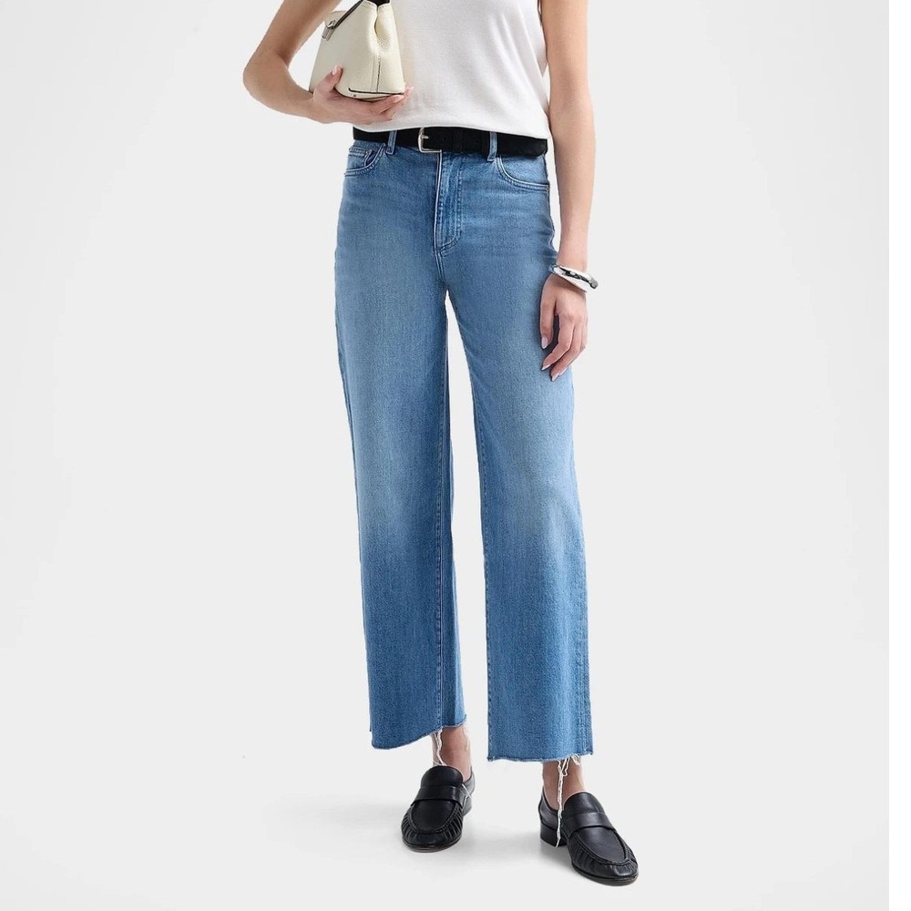 LE JEAN by Charlie Gay High Rise Straight Leg Raw Hem Jeans Size 29 Medium Wash